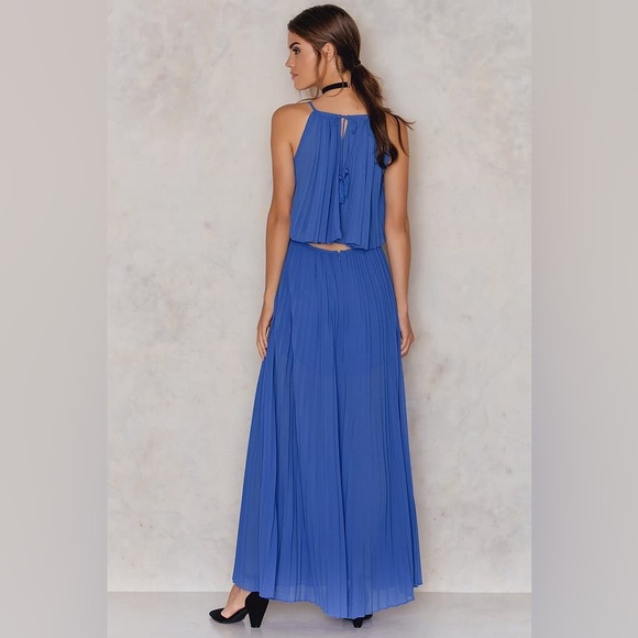Women's Line & Dot Long Amelie Pleat Chiffon Dress Formal Maxi Azure Blue Small - Picture 4 of 15